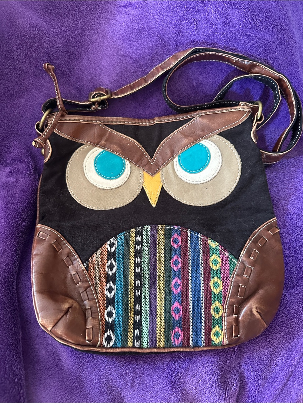 Boho Brown Owl Crossbody Bag with Turquoise Accents